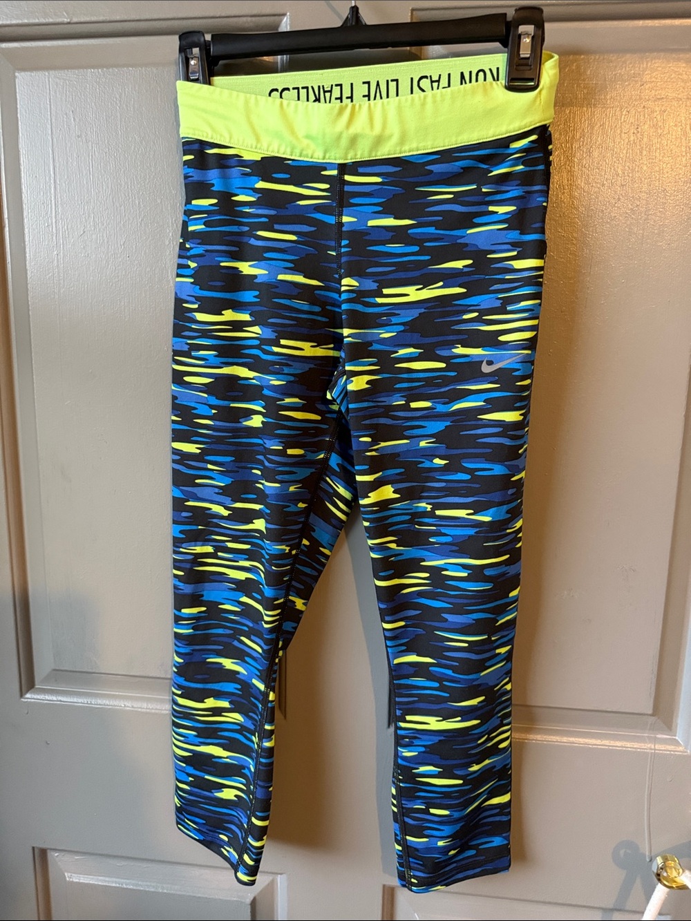 Nike Neon Yellow and Blue Patterned Capri Leggings